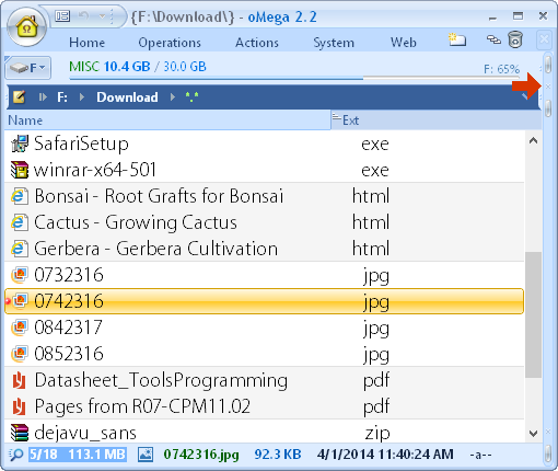 oMega Commander Features. Show the disk selection button and the free space diagram.